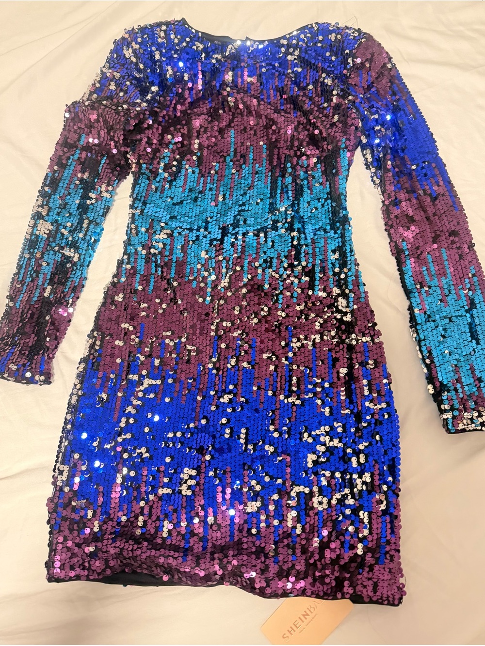SHEINBAE Blue Purple Teal Ombre Sequin Long-Sleeve Mini Dress